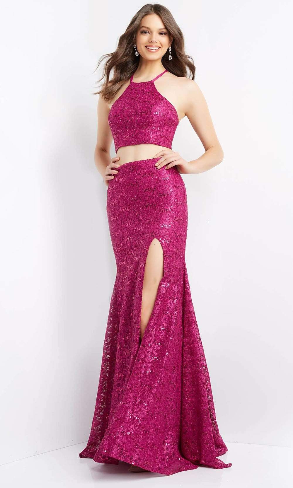 JVN by Jovani - JVN08514 Two-Piece Halter Lace Gown
