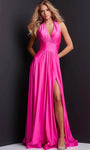Sophisticated A-line Natural Waistline Slit Open-Back Gathered Illusion Ruched Sleeveless Halter Plunging Neck Prom Dress with a Brush/Sweep Train