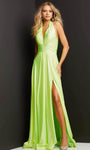 Sophisticated A-line Sleeveless Slit Gathered Ruched Open-Back Illusion Natural Waistline Halter Plunging Neck Prom Dress with a Brush/Sweep Train