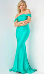 Sophisticated Natural Waistline Floor Length Mermaid Fitted Open-Back Back Zipper Pleated Cap Sleeves Off the Shoulder Evening Dress/Prom Dress with a Brush/Sweep Train