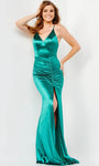 Sexy V-neck Satin Slit Open-Back Ruched Natural Waistline Spaghetti Strap Sheath Sheath Dress/Prom Dress with a Brush/Sweep Train