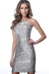 Sheath Sleeveless Cocktail Short Sequined V Back Back Zipper Fitted Halter Natural Waistline Sheath Dress/Evening Dress