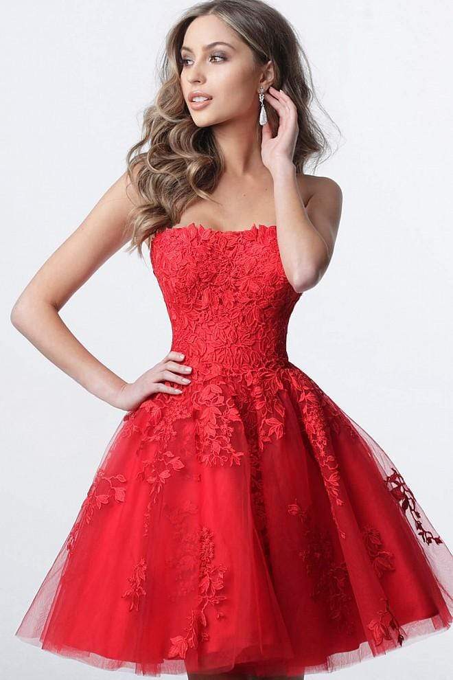 JVN by Jovani - JVN1830 Strapless Floral Lace Applique Tulle Cocktail Dress
