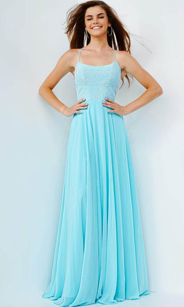 A-line Scoop Neck Empire Waistline Floor Length Beaded Flowy Open-Back Pleated Lace-Up Sleeveless Spaghetti Strap Prom Dress with a Brush/Sweep Train