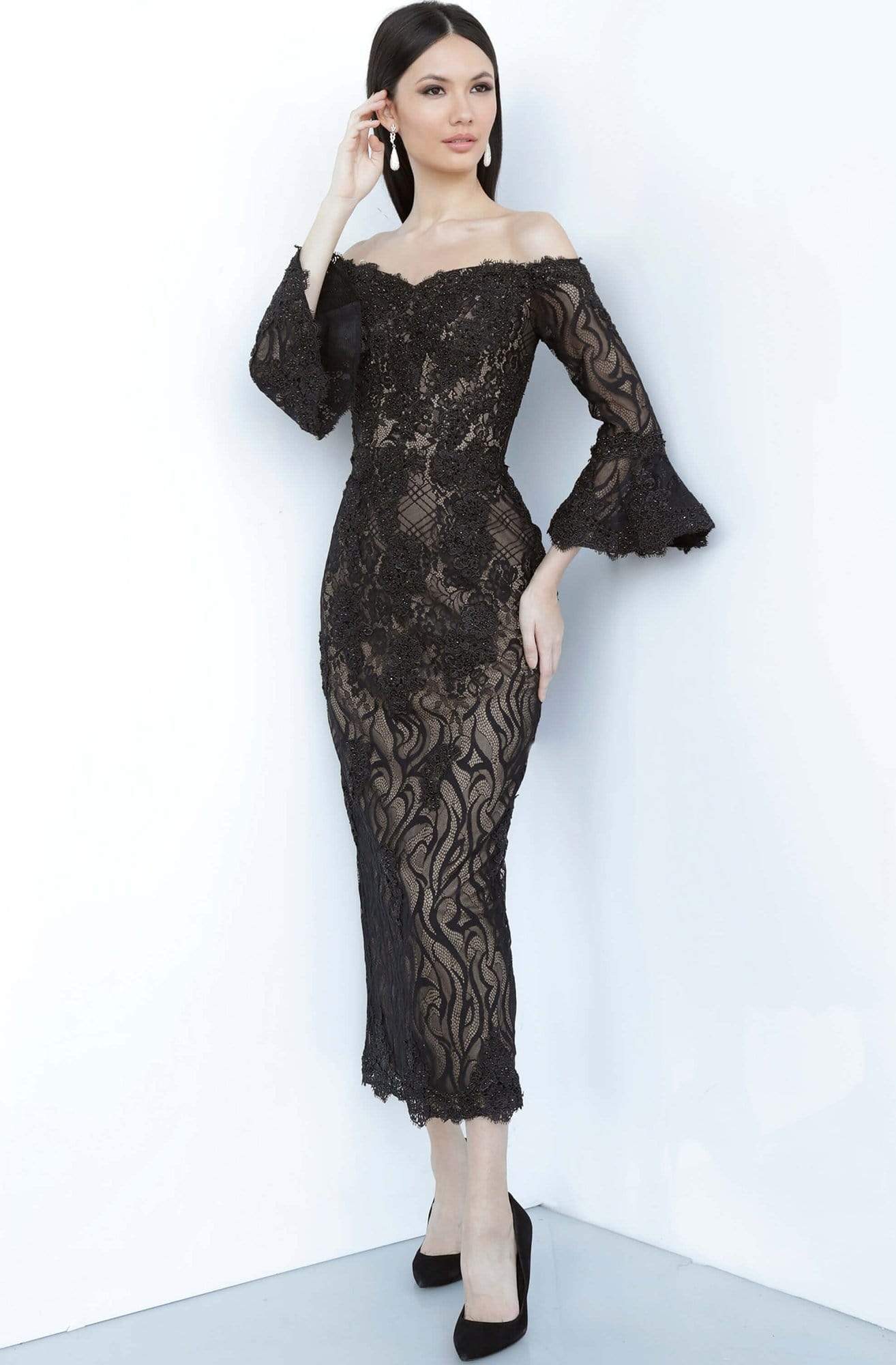 JVN by Jovani - JVN2241 Lace Off-Shoulder Tea Length Sheath Dress
