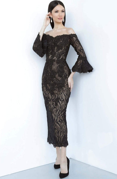 Natural Waistline Bell Sleeves Off the Shoulder Sheath Lace Fitted Tea Length Sheath Dress