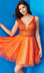 A-line V-neck Empire Waistline Glittering Tulle Cocktail Short Sleeveless Prom Dress by Jvn By Jovani