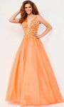 A-line V-neck Pleated V Back Beaded Back Zipper Sheer Sequined Applique Lace Floor Length Natural Waistline Plunging Neck Flutter Sleeves Sleeveless Prom Dress