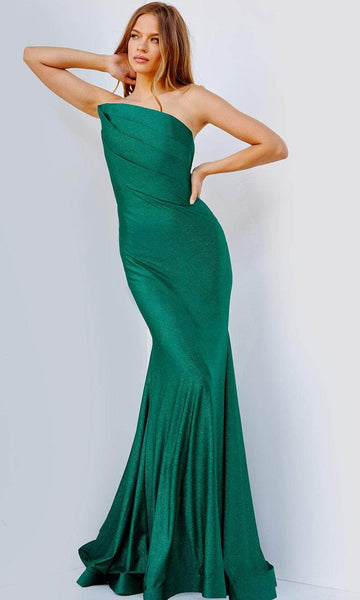 Strapless Natural Waistline Mermaid Pleated Asymmetric Glittering Floor Length Prom Dress