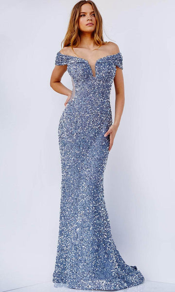 Natural Waistline Open-Back Ruched Sequined Back Zipper Illusion Sheer Plunging Neck Off the Shoulder Mermaid Prom Dress with a Brush/Sweep Train