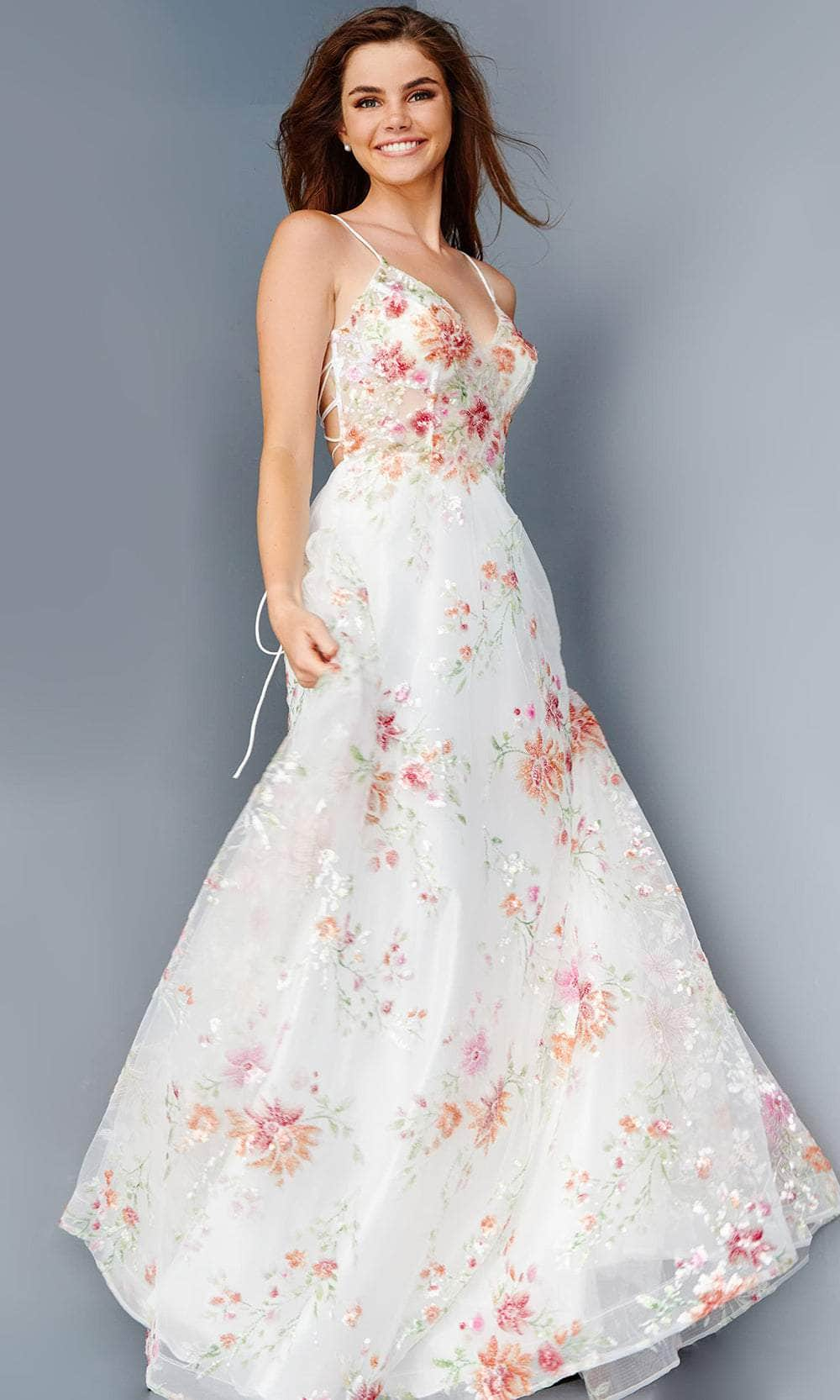 JVN by Jovani JVN23212 - Lace-Up Back Floral Prom Gown
