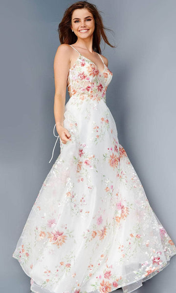 Sophisticated A-line V-neck Floral Print Spaghetti Strap Corset Natural Waistline Sequined Lace-Up Back Zipper Open-Back Sheer Floor Length Prom Dress with a Brush/Sweep Train