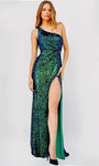 Glittering Fitted Back Zipper Asymmetric Sequined Slit Sheath Empire Waistline Floor Length One Shoulder Sheath Dress/Evening Dress with a Brush/Sweep Train