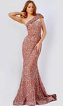 One Shoulder Mermaid Natural Waistline Draped Asymmetric Sheer Sequined Prom Dress with a Brush/Sweep Train