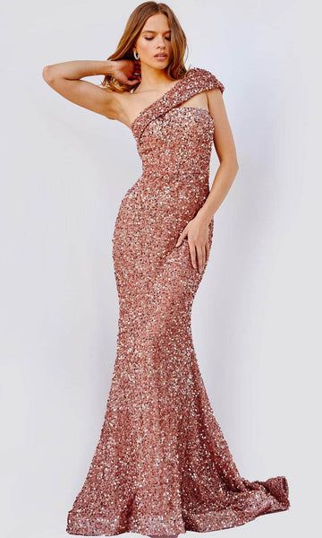 Mermaid Natural Waistline One Shoulder Draped Asymmetric Sheer Sequined Prom Dress with a Brush/Sweep Train