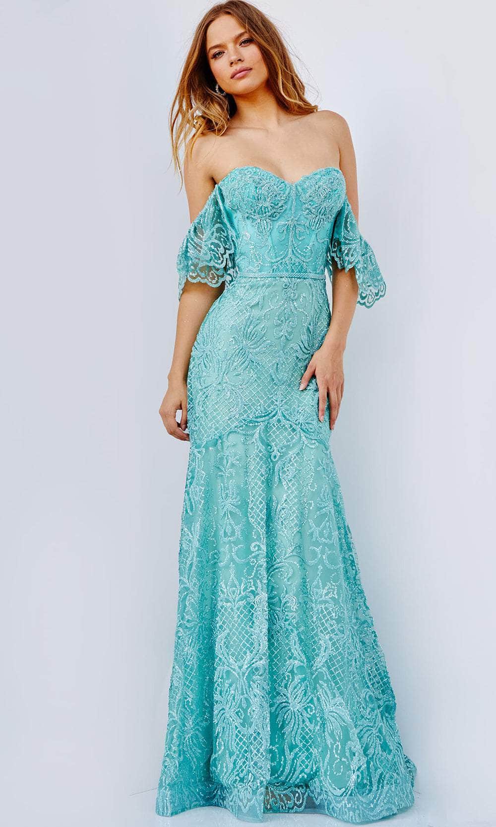 JVN by Jovani JVN23986 - Draped Sleeve Glitter Prom Gown
