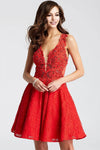 A-line V-neck Sleeveless Lace Beaded Illusion Short Natural Waistline Dress