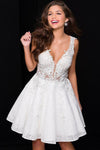 A-line V-neck Lace Short Sleeveless Beaded Illusion Natural Waistline Dress