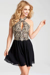 A-line Chiffon Halter Embroidered Racerback Sleeveless Elasticized Natural Waistline Short Dress