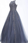 Modest A-line Fitted Sheer Back Floor Length Sleeveless Boat Neck Jeweled Neck Natural Waistline Evening Dress/Prom Dress