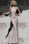 Halter Plunging Neck Spaghetti Strap Sheath Sequined Sheath Dress with a Brush/Sweep Train by Jvn By Jovani