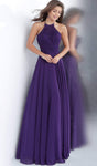 A-line Halter Floor Length Natural Waistline Sleeveless Flowy Embroidered Fitted Open-Back Dress