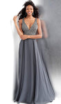 Tall A-line V-neck Plunging Neck Fall Sleeveless Pleated Back Zipper Beaded Natural Waistline Floor Length Dress With a Ribbon