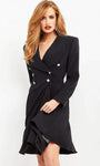 A-line V-neck Wrap Crystal Short Natural Waistline Collared Long Sleeves Dress