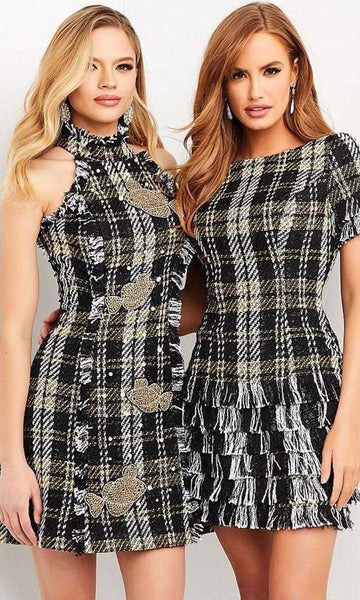 Bateau Neck Halter Natural Waistline Short Fitted Tiered Plaid Print Short Sleeves Sleeves Sleeveless Sheath Sheath Dress