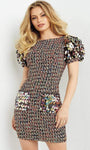 Sequined Fitted Natural Waistline Sheath Jeweled Neck Puff Sleeves Sleeves Short Sheath Dress/Party Dress