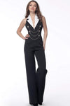 V-neck Natural Waistline Sleeveless Collared Plunging Neck Fitted Button Front Open-Back Back Zipper Floor Length Jumpsuit