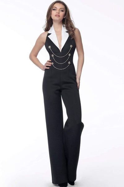 V-neck Sleeveless Button Front Open-Back Fitted Back Zipper Collared Plunging Neck Floor Length Natural Waistline Jumpsuit