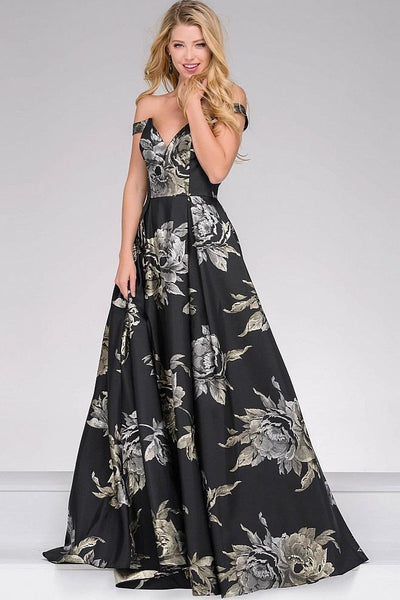 Tall A-line Strapless Metallic Floral Print Off the Shoulder Natural Waistline Fitted Pleated Prom Dress