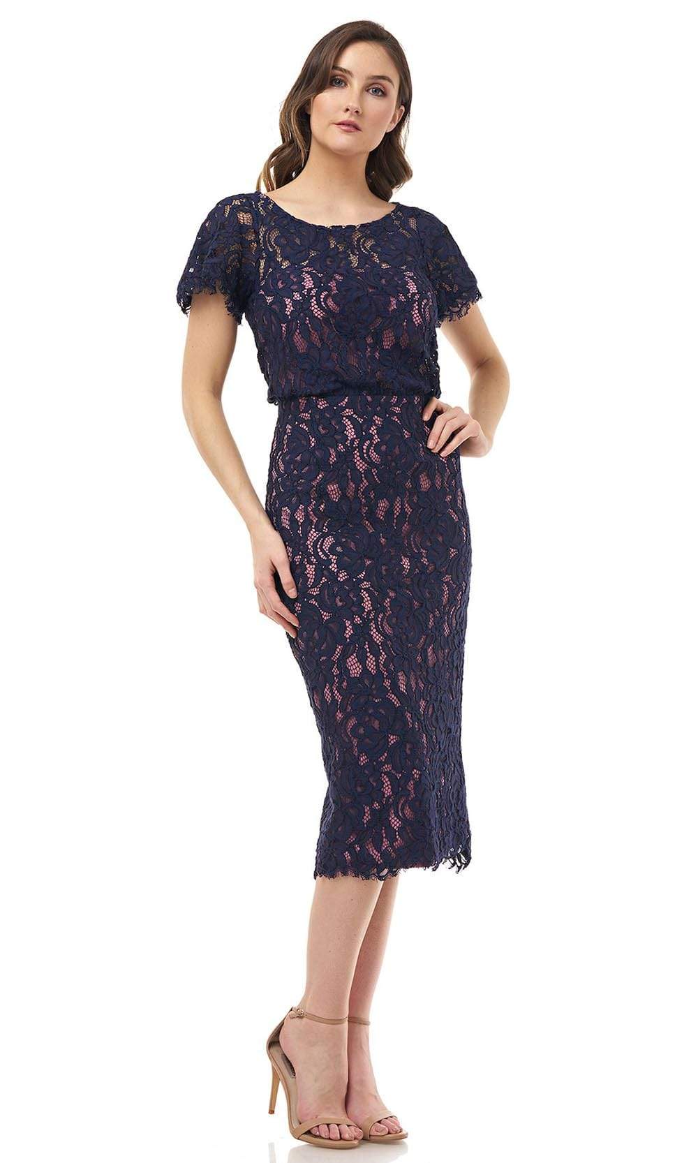 JS Collections - 866800 Short Sleeves Blouson Lace Sheath Midi Dress
