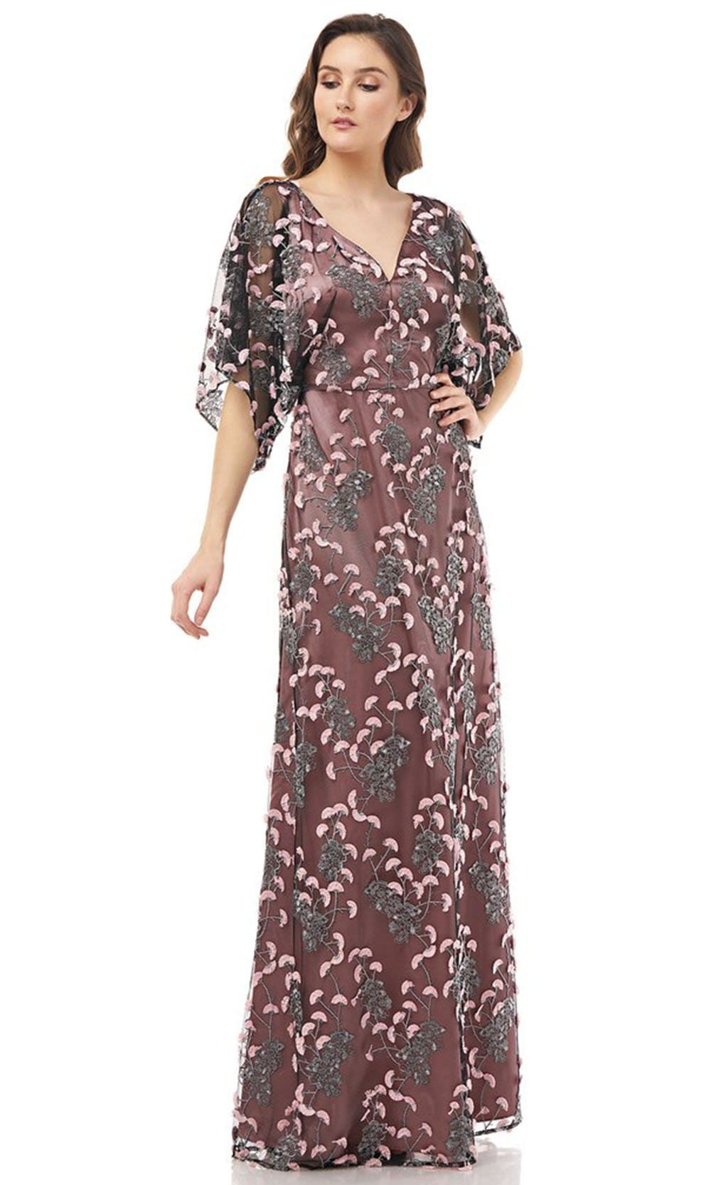 JS Collections - 866927 Kimono Sleeve Embroidered V-Neck Dress
