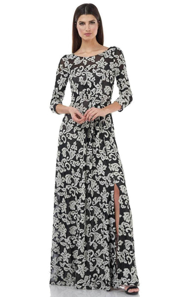 A-line Bateau Neck Natural Waistline Long Sleeves Embroidered Mesh Back Zipper V Back Illusion Slit Floor Length Floral Print Evening Dress