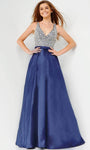 A-line V-neck Natural Waistline Polyester Sleeveless Open-Back Pocketed Beaded V Back Pleated Floor Length Prom Dress