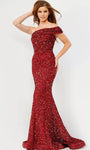 Open-Back Ruched Asymmetric Sequined Mermaid Natural Waistline One Shoulder Prom Dress with a Brush/Sweep Train