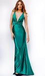 V-neck Fitted Open-Back Ruched Plunging Neck Sheath Sleeveless Natural Waistline Floor Length Sheath Dress/Prom Dress with a Brush/Sweep Train