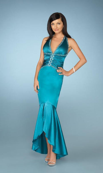 V-neck Empire Waistline Mermaid High-Low-Hem Tea Length Sleeveless Halter Plunging Neck Beaded Back Zipper Ruched Jeweled Evening Dress/Prom Dress