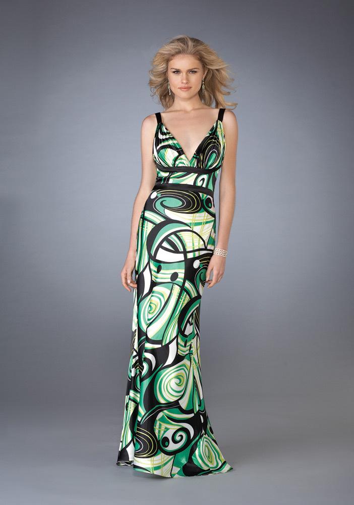 La Femme - 13262 Vibrantly Print V-Neck Sheath Gown with a Brooch Accent
