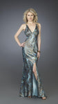 V-neck Satin Sleeveless General Print Empire Waistline Mermaid Beaded Open-Back Slit Evening Dress