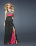 V-neck Sheath Halter Open-Back Slit Ruched Satin Empire Waistline General Print Sheath Dress