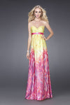 A-line Strapless Sweetheart General Print Floor Length Empire Natural Waistline Open-Back Jeweled Ruched Belted Dress