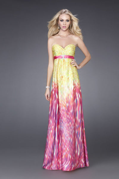 A-line Strapless General Print Empire Natural Waistline Ruched Open-Back Belted Jeweled Sweetheart Floor Length Dress