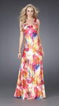 Modest A-line V-neck Satin Empire Waistline Floral Print Floor Length Dress