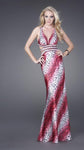 15349 Diagonal Animal Print V neck Sheath Gown