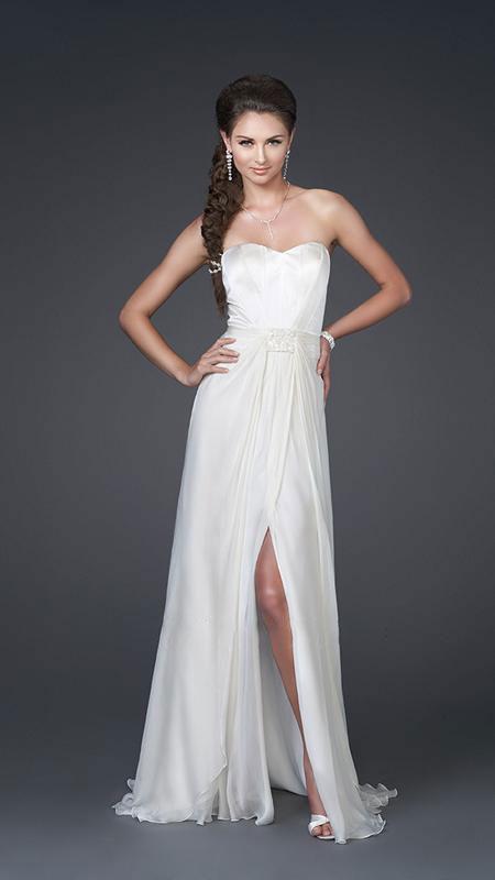 La Femme - 15586 Strapless Sweetheart Long Silk Gown with Front Slit
