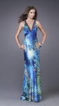 V-neck Animal Floral Print Beaded Ruched Open-Back Jeweled Neck Floor Length Sheath Natural Waistline Sheath Dress