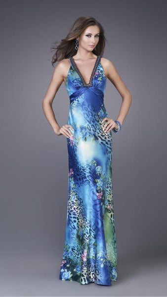 V-neck Animal Floral Print Sheath Jeweled Neck Ruched Beaded Open-Back Floor Length Natural Waistline Sheath Dress